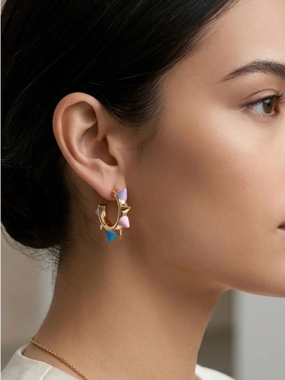 14K Gold Plated Pastel Spike C Hoop Stud Earrings Water Resistant Lightweight